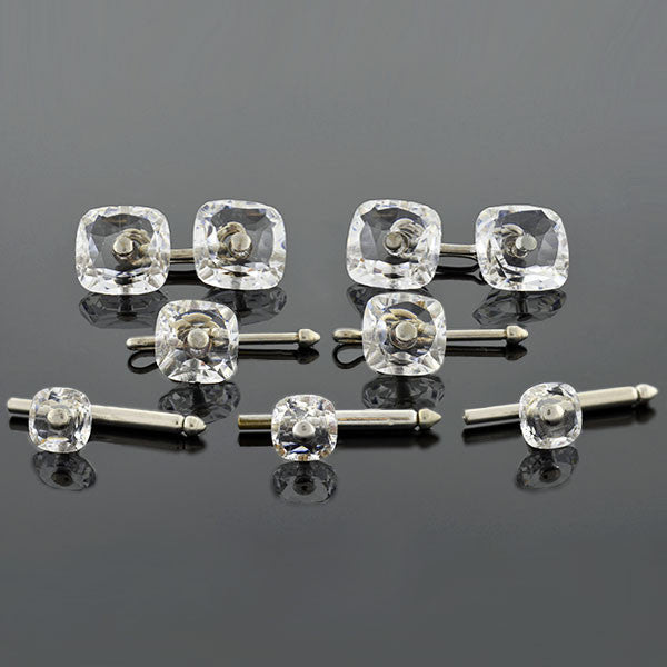 Late Art Deco Silver-Plated Crystal 7-Piece Cufflink Set