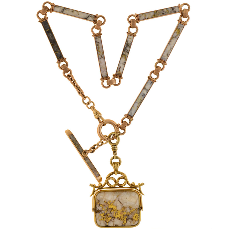 Victorian 14kt Inlaid Gold Quartz Watch Chain Matching Spinner