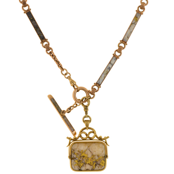 Victorian 14kt Inlaid Gold Quartz Watch Chain + Matching Spinner Fob