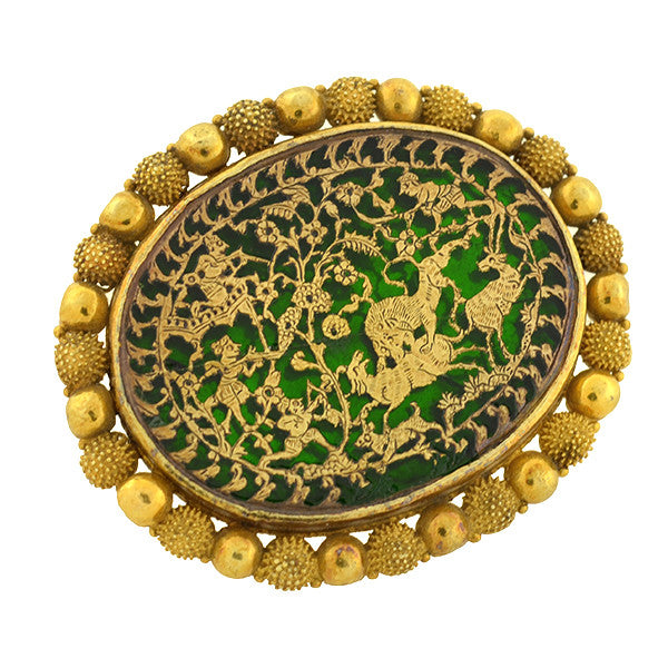 Early Victorian Indian Thewa 23kt Inlaid Gold & Green Glass Pin