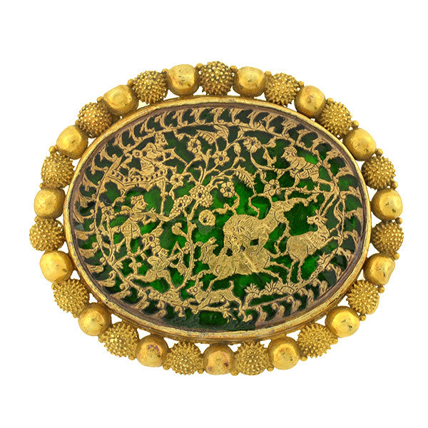 Early Victorian Indian Thewa 23kt Inlaid Gold & Green Glass Pin