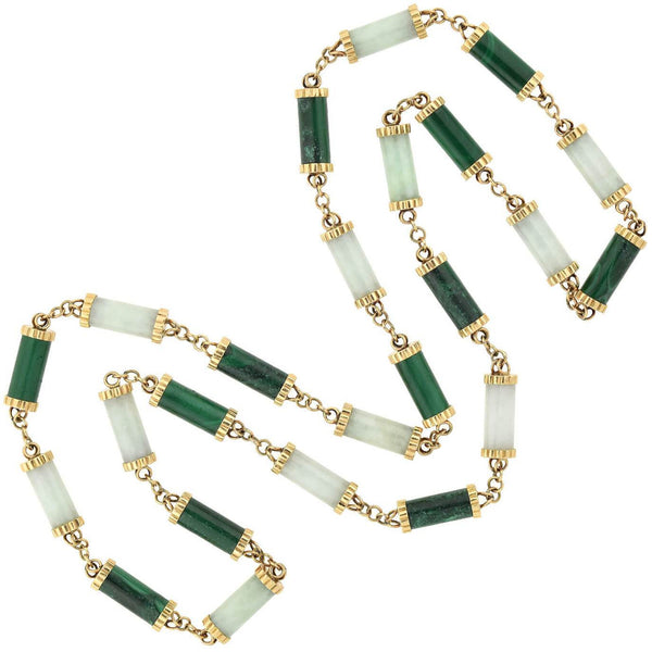 Vintage 14kt Nephrite Jade + Malachite Link Necklace 35"