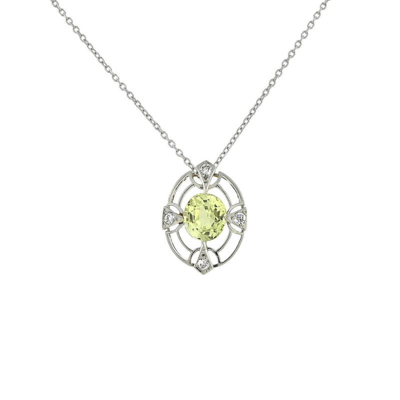 Edwardian Platinum/14kt Chrysoberyl + Diamond Pendant Necklace