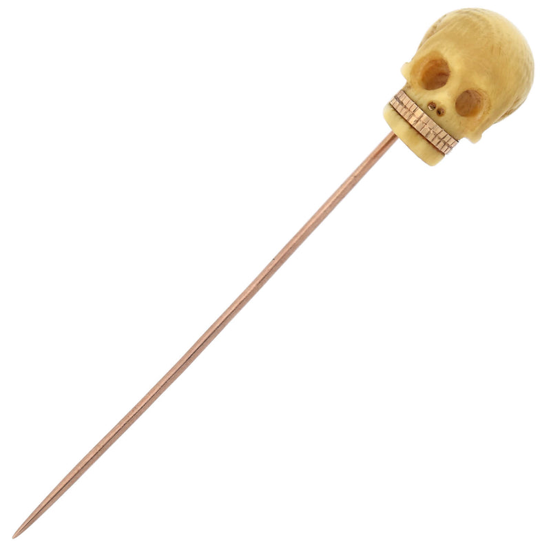 Victorian 14kt Hand Carved Ivory Skull Stickpin with Gold Teeth