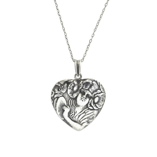 Art Nouveau Sterling Repousse Heart-Shaped Pendant Necklace