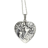 Art Nouveau Sterling Repousse Heart-Shaped Pendant Necklace