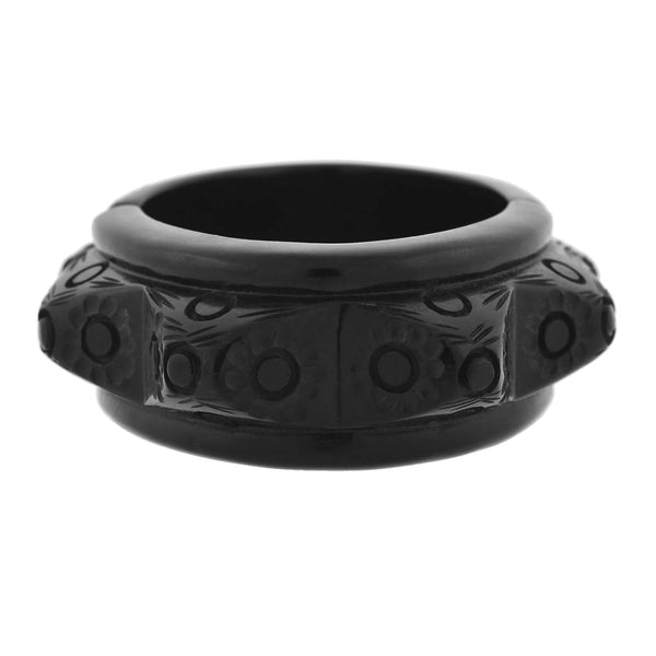 Retro Black Bakelite Carved Floral Clamper Bracelet