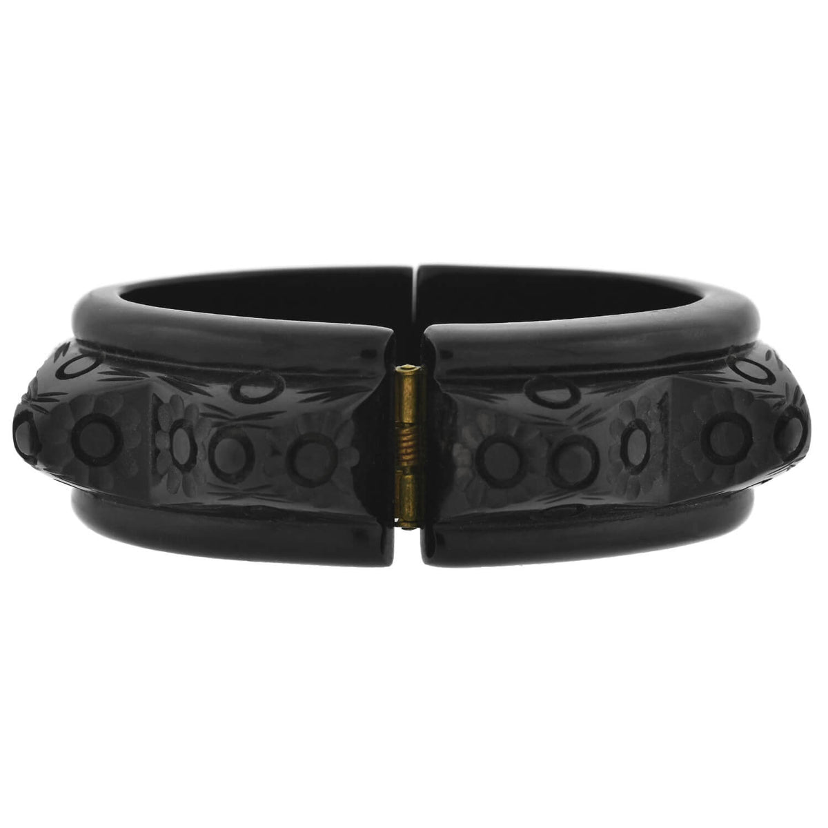 Retro Black Bakelite Carved Floral Clamper Bracelet
