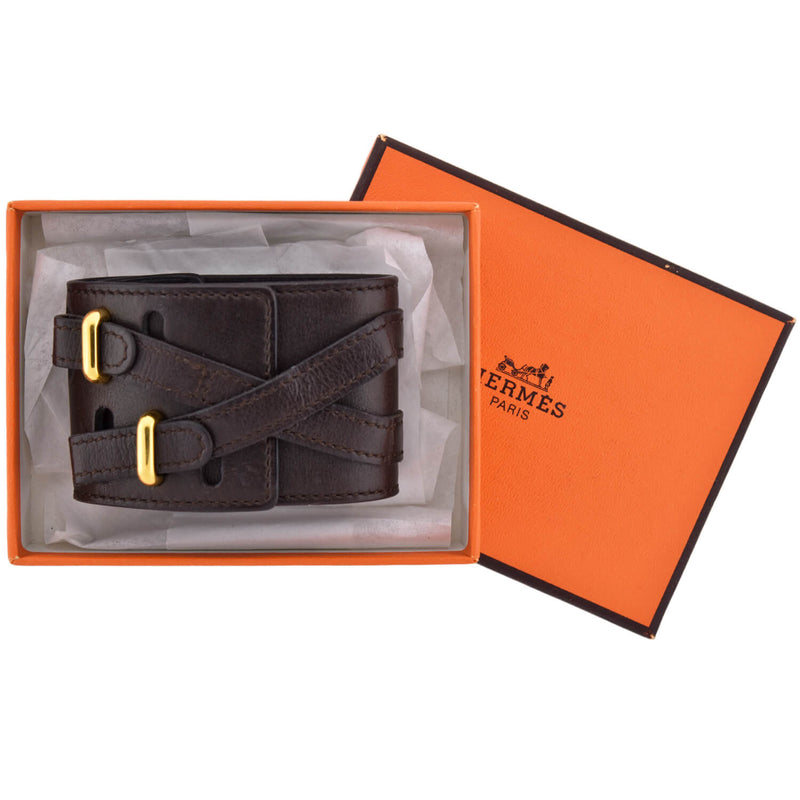 HERMÈS Estate Gold-Tone Wide Brown Leather Wrap Bracelet