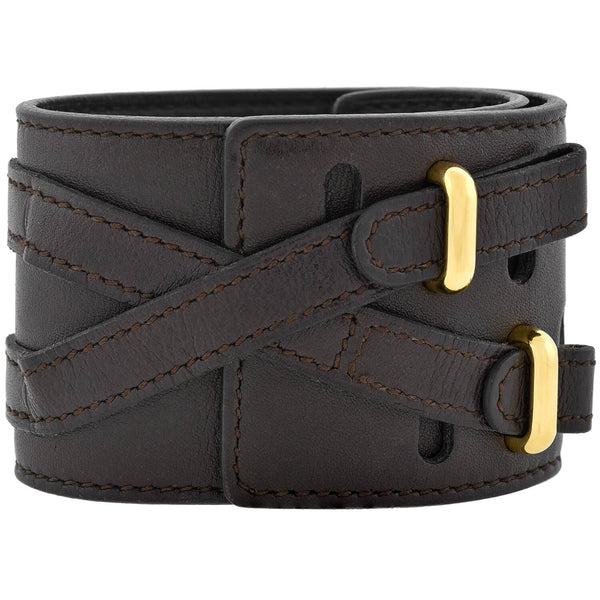 HERMÈS Estate Gold-Tone Wide Brown Leather Wrap Bracelet
