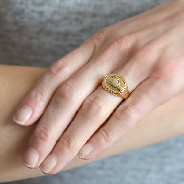 Art Deco 14kt Gold Diamond Horse Head + Horseshoe Ring