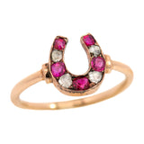 Victorian 15k Diamond + Ruby Horseshoe "Good Luck" Ring