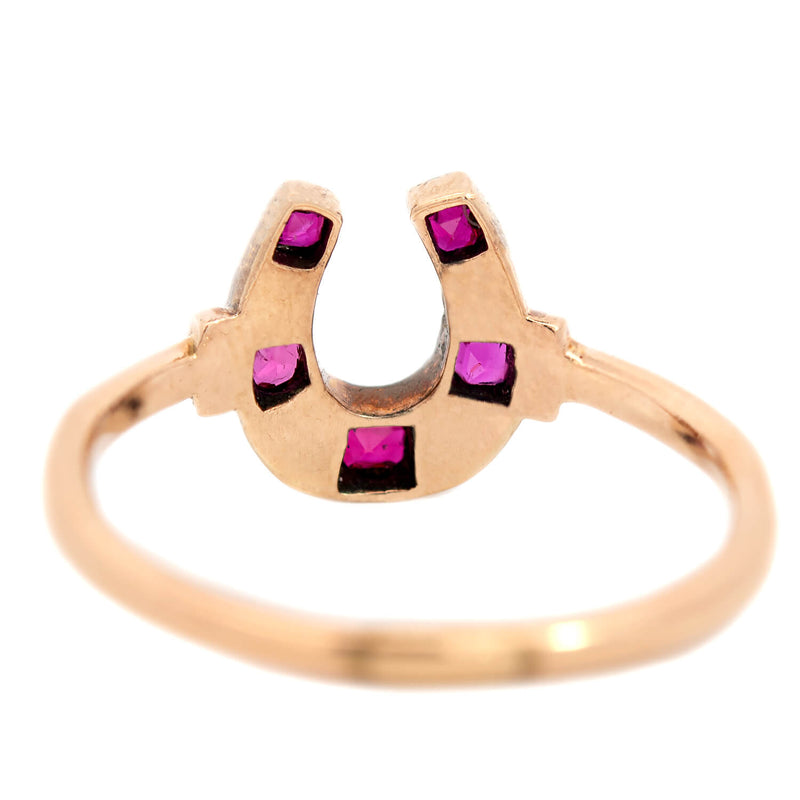 Victorian 15k Diamond + Ruby Horseshoe "Good Luck" Ring