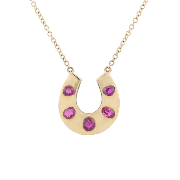 Victorian Conversion 14kt + Natural Burmese Ruby Horseshoe Pendant Necklace 1.5ctw