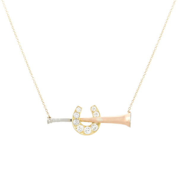 Edwardian 14kt/Platinum Hunting Horn + Horseshoe Pendant Necklace