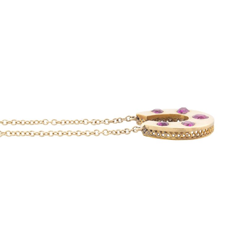 Victorian Conversion 14kt + Natural Burmese Ruby Horseshoe Pendant Necklace 1.5ctw