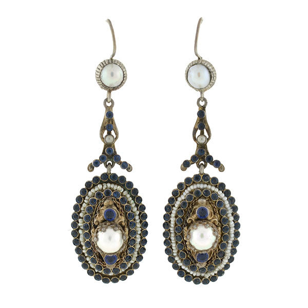 Arts & Crafts Era Austro-Hungarian Sterling Gilt Faux Sapphire & Pearl Earrings