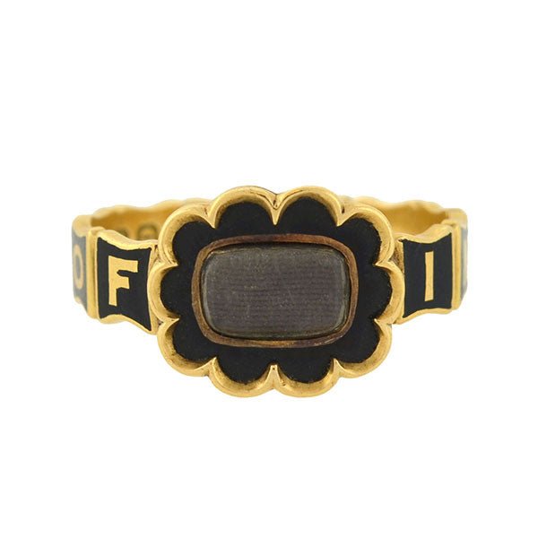 Early Victorian English 18kt Enamel & Woven Hair Mourning Ring