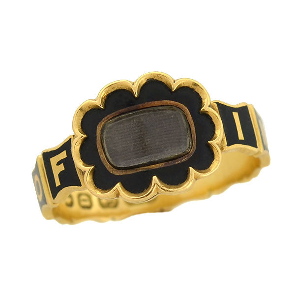 Early Victorian English 18kt Enamel & Woven Hair Mourning Ring