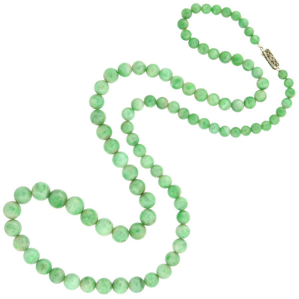 Art Deco 14kt Diamond + Jadeite Jade Bead Necklace 27.25"