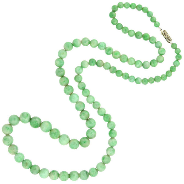 Art Deco 14kt Diamond Jadeite Jade Bead Necklace 27.25