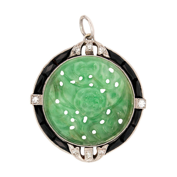 Art Deco Platinum Carved Jade, Onyx & Diamond Pendant