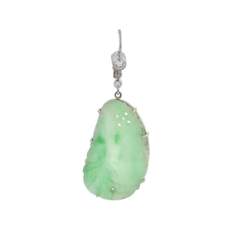 Art Deco 14kt Carved Jade + Diamond Dangle Earrings