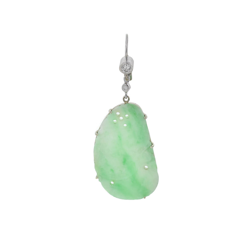 Art Deco 14kt Carved Jade + Diamond Dangle Earrings