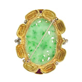 Estate Large 18kt Carved Jade, Ruby + Diamond Pin