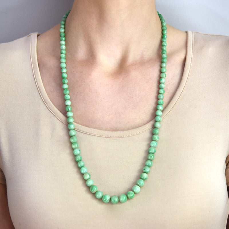 Art Deco 14kt Diamond + Jadeite Jade Bead Necklace 27.25"