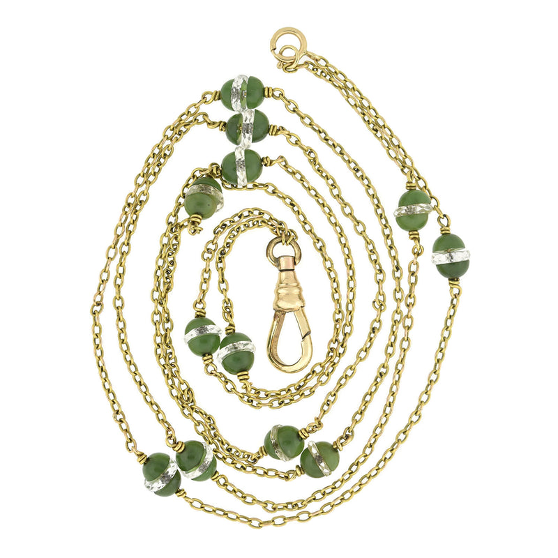 Late Victorian 14kt Rock Quartz Crystal + Jade Chain Necklace