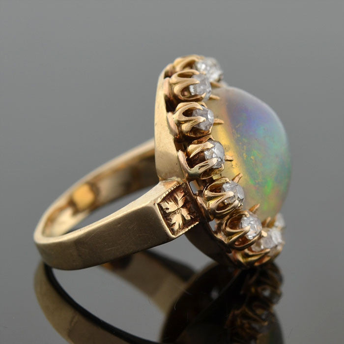 Victorian 14kt Jelly Opal Mine Cut Diamond Cluster Ring