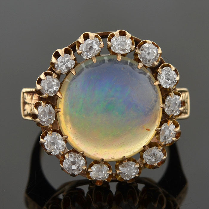 Victorian 14kt Jelly Opal Mine Cut Diamond Cluster Ring