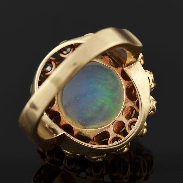 Victorian 14kt Jelly Opal Mine Cut Diamond Cluster Ring