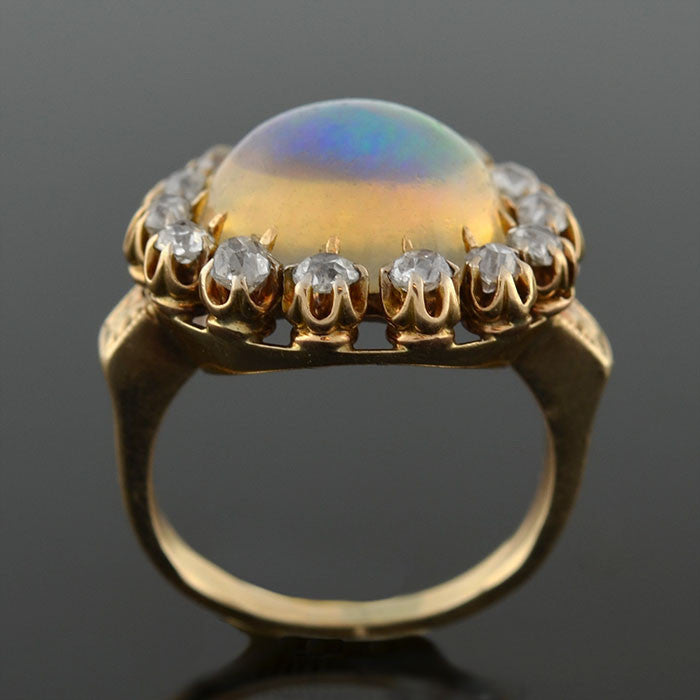 Victorian 14kt Jelly Opal Mine Cut Diamond Cluster Ring