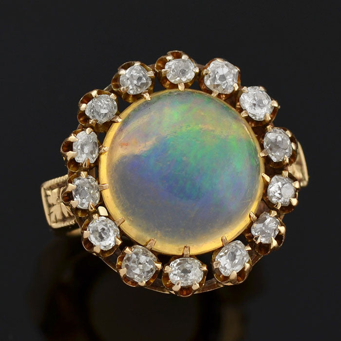 Victorian 14kt Jelly Opal Mine Cut Diamond Cluster Ring