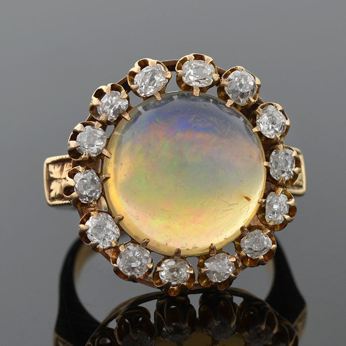 Victorian 14kt Jelly Opal Mine Cut Diamond Cluster Ring