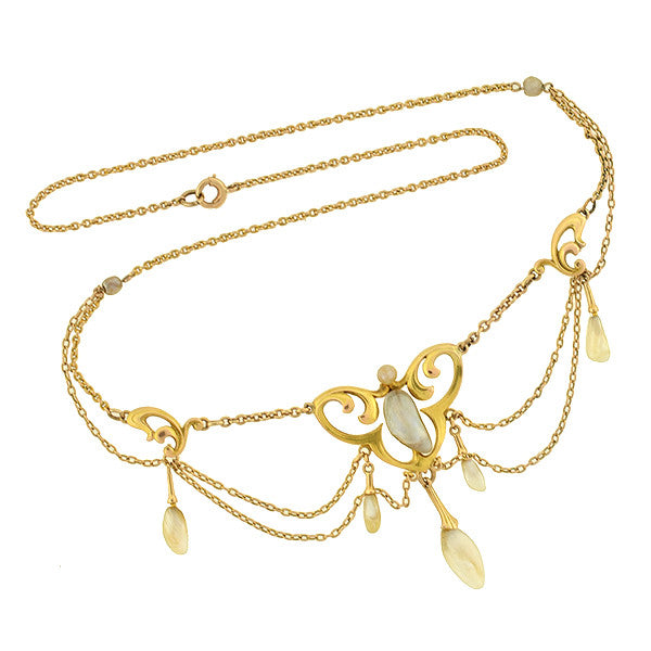 KREMENTZ Art Nouveau 14kt Natural Pearl Festoon Necklace