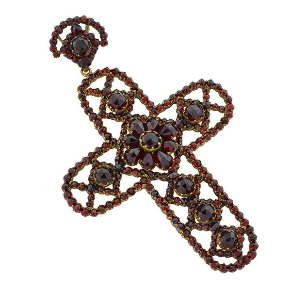 Victorian Large Brass & Bohemian Garnet Filigree Cross Pendant