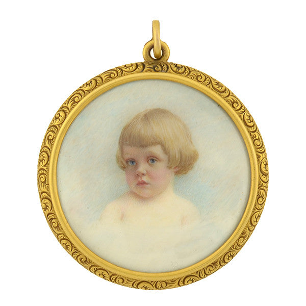 Victorian 14kt Large Painted Ivory Portrait Pendant