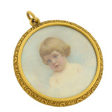 Victorian 14kt Large Painted Ivory Portrait Pendant