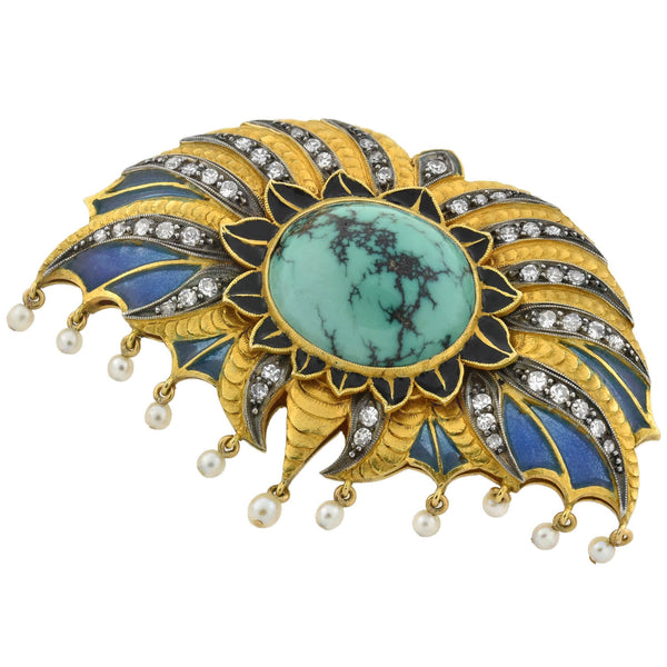 Art Deco Large 18kt/Sterling Plique-a-jour, Turquoise, Diamond + Pearl Pin