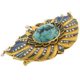 Art Deco Large 18kt/Sterling Plique-a-jour, Turquoise, Diamond + Pearl Pin