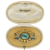 Art Deco Large 18kt/Sterling Plique-a-jour, Turquoise, Diamond + Pearl Pin