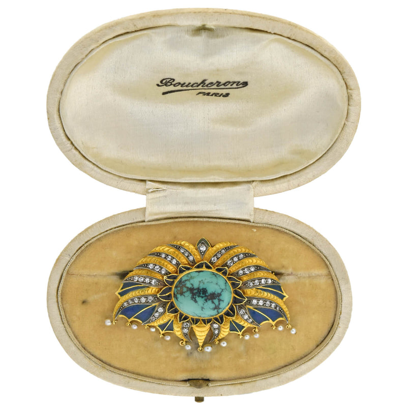 Art Deco Large 18kt/Sterling Plique-a-jour, Turquoise, Diamond + Pearl Pin