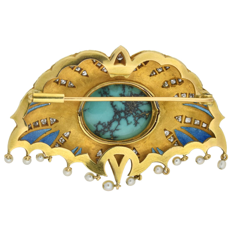 Art Deco Large 18kt/Sterling Plique-a-jour, Turquoise, Diamond + Pearl Pin