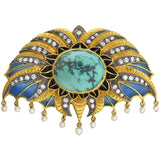 Art Deco Large 18kt/Sterling Plique-a-jour, Turquoise, Diamond + Pearl Pin
