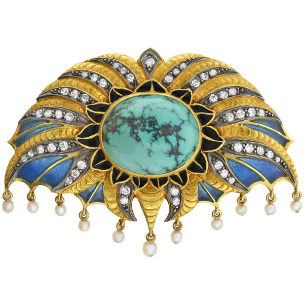 Art Deco Large 18kt/Sterling Plique-a-jour, Turquoise, Diamond + Pearl Pin