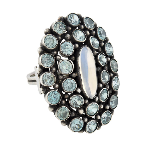 Early Retro Large Sterling Blue Zircon + Moonstone Cluster Ring