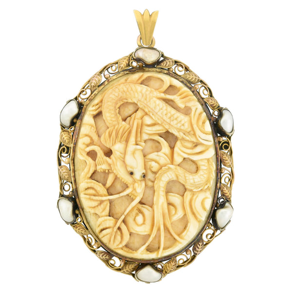 Arts & Crafts Large 14kt Carved Ivory + Freshwater Pearl Mythical Creature Pin/Pendant